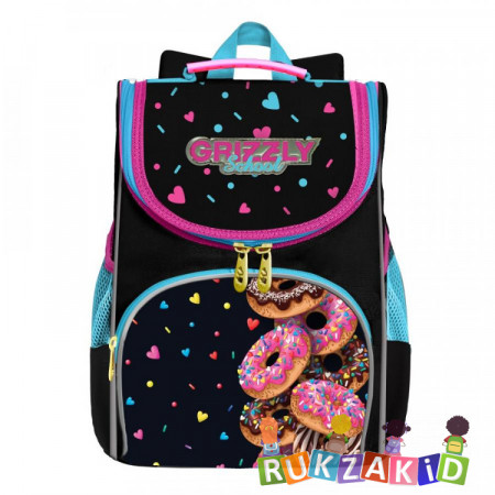 Ранец школьный с мешком для обуви Grizzly RAm-184-10 Пончики Черный