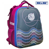 Школьный рюкзак MikeMar 1008-89 Котик с клубком Серо-малиновый