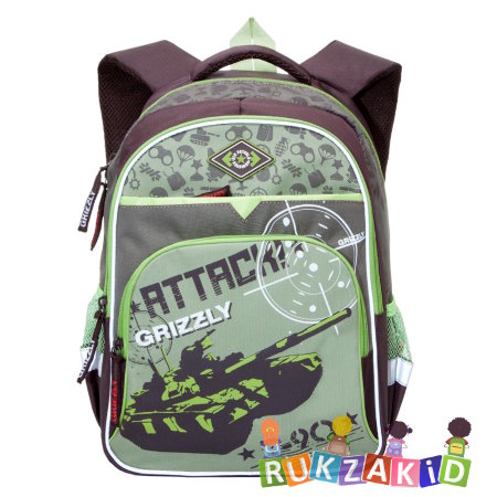 Рюкзак школьный Grizzly RB-632-1 коричневый - салатовый