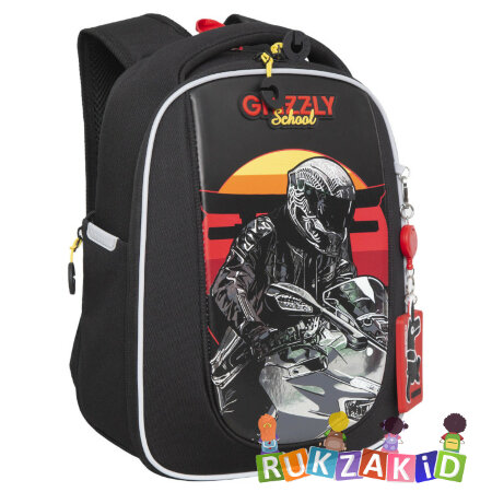 Ранец рюкзак школьный Grizzly RAf-393-5 Мотоциклист Черный