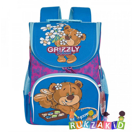 Ранец школьный с мешком для обуви Grizzly RAm-084-6 Медвежонок Фиолетовый - лазурный