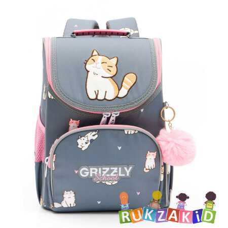Ранец школьный с мешком для обуви Grizzly RAm-384-9 Кошки Серый