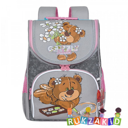 Ранец школьный с мешком для обуви Grizzly RAm-084-6 Медвежонок Серый