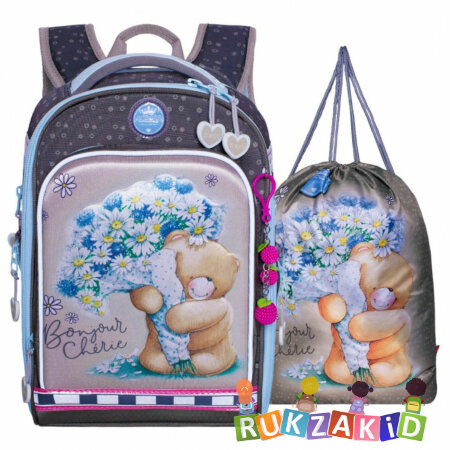Ранец школьный с мешком для обуви Across HK23-13 Медвежонок с цветами