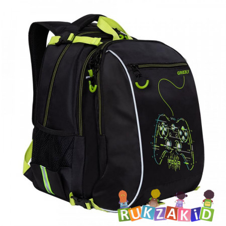 Рюкзак школьный с мешком для обуви Grizzly RB-158-2 Черный - салатовый