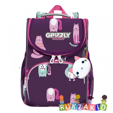 Ранец школьный с мешком для обуви Grizzly RAm-284-8 Котики фиолетовые