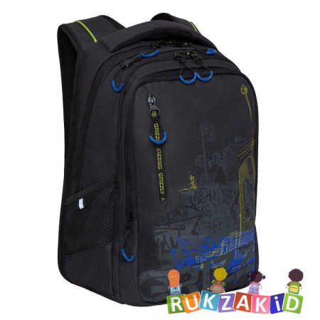 Рюкзак школьный Grizzly RU-338-1 Черный - салатовый